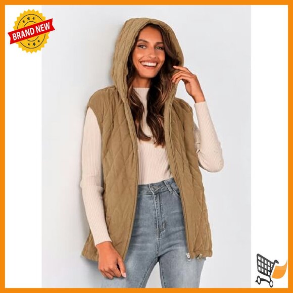 Sleeveless Hooded Zip-Up Puffer Vest, Cotton Padding, Pockets, Oversized Fit - Picture 5 of 8